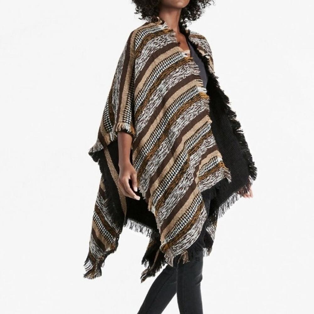 Lucky Brand Reversible Womens Blanket Poncho Boho Southwest Fringe Black Brown